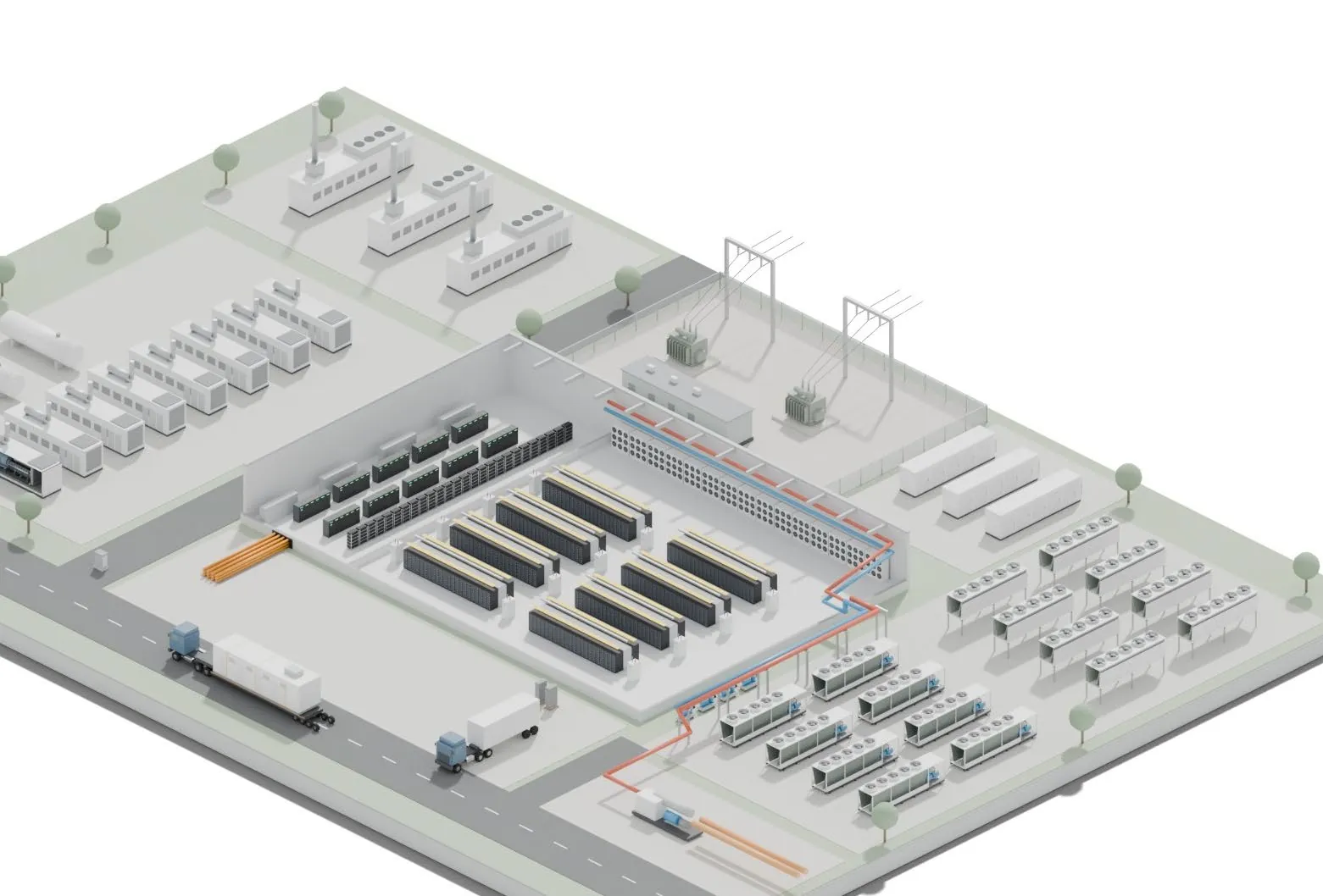 Illustration of a data center campus, from grid connection and gensets to cooling plant and data halls