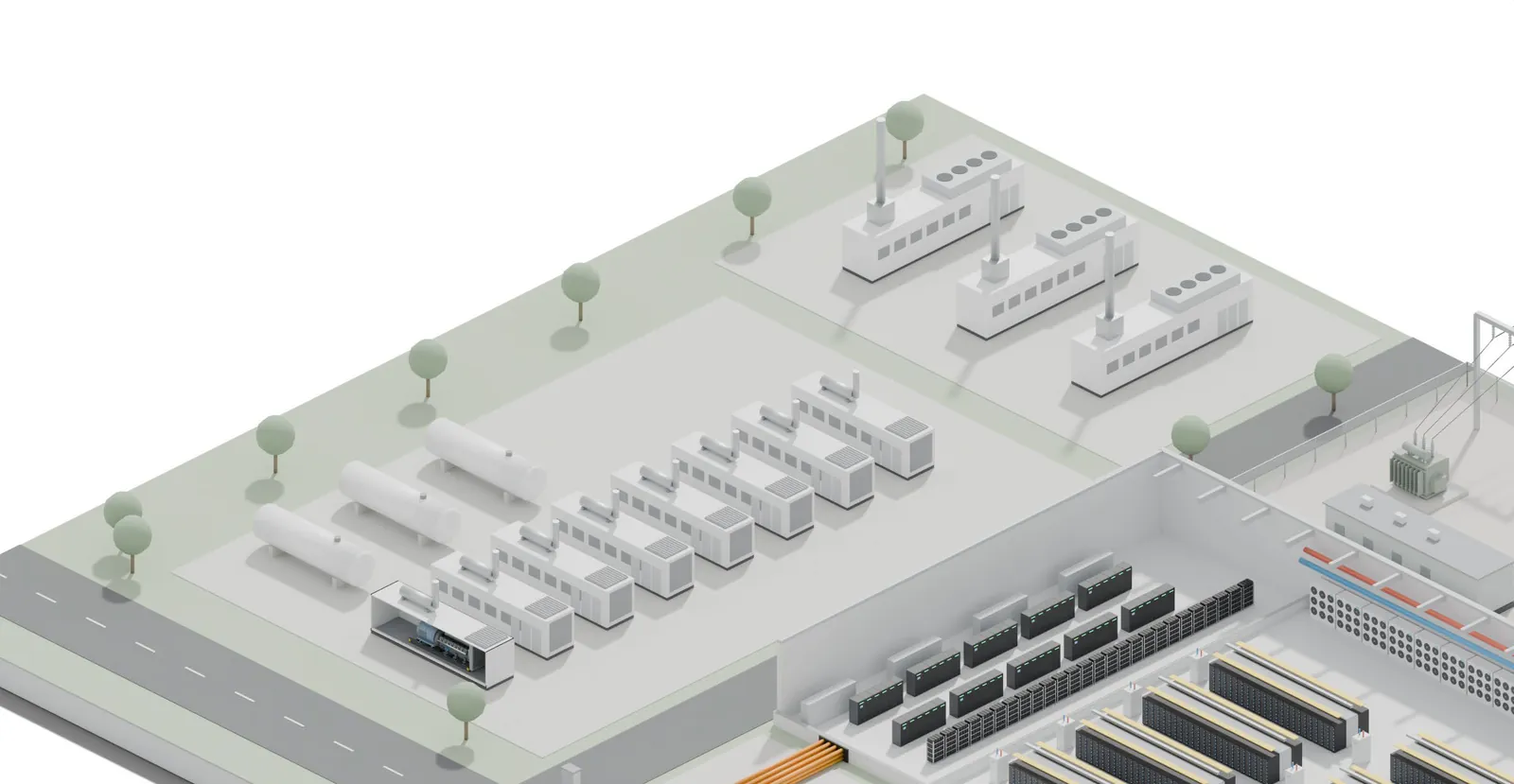 Power generation zone of a data center campus, with standby gensets