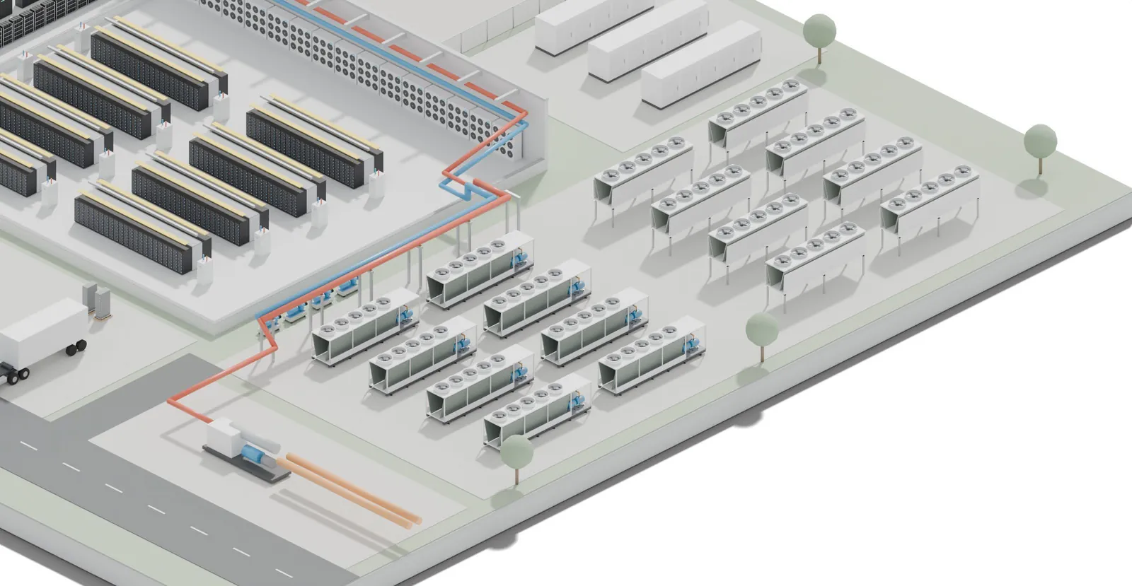 Cooling plant zone, with chillers, dry coolers and pumps